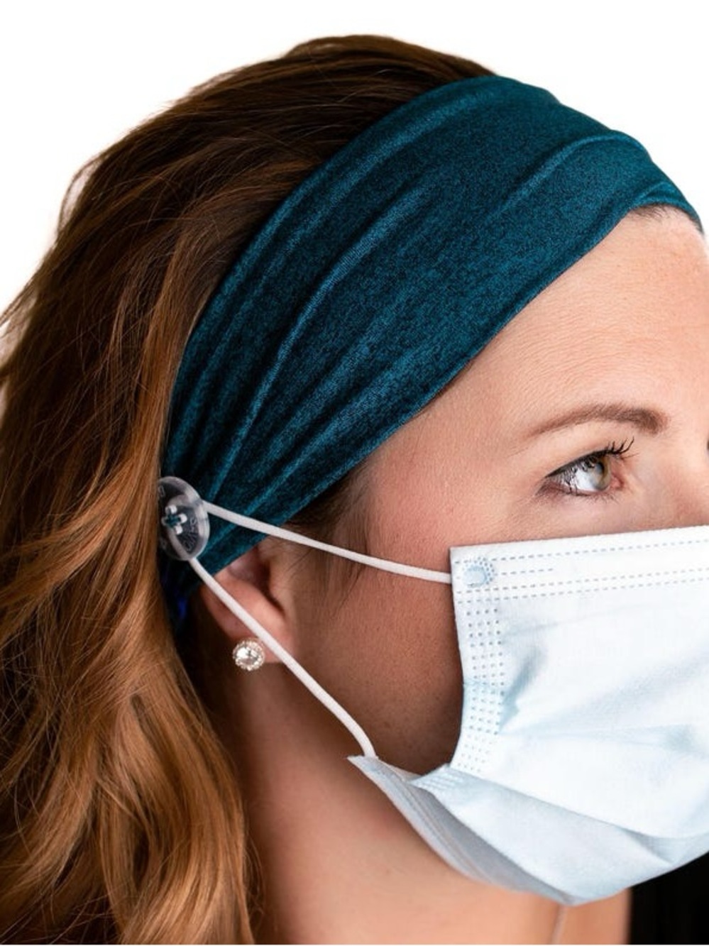 Teal Blue Stretch Fabric Headband with 2 buttons each sides for masks holder.